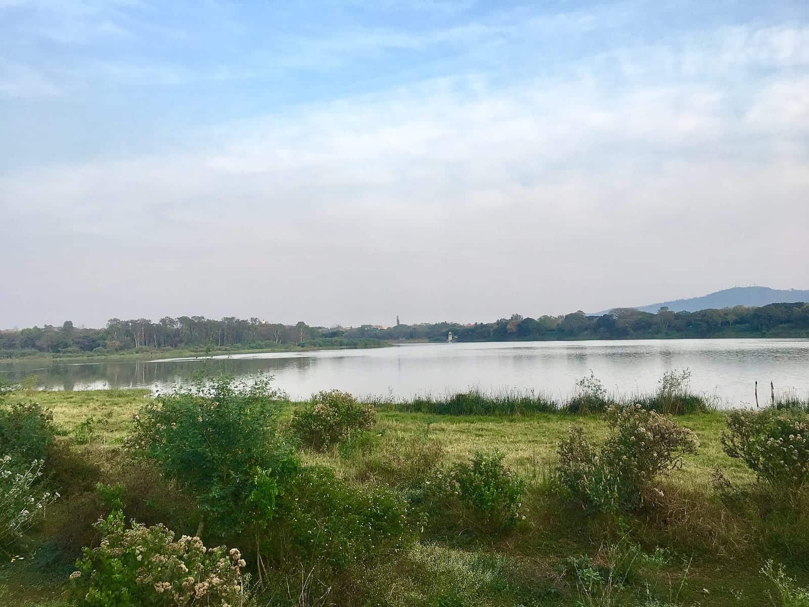 The open shore of Kukkarahalli Lake under a pale sky