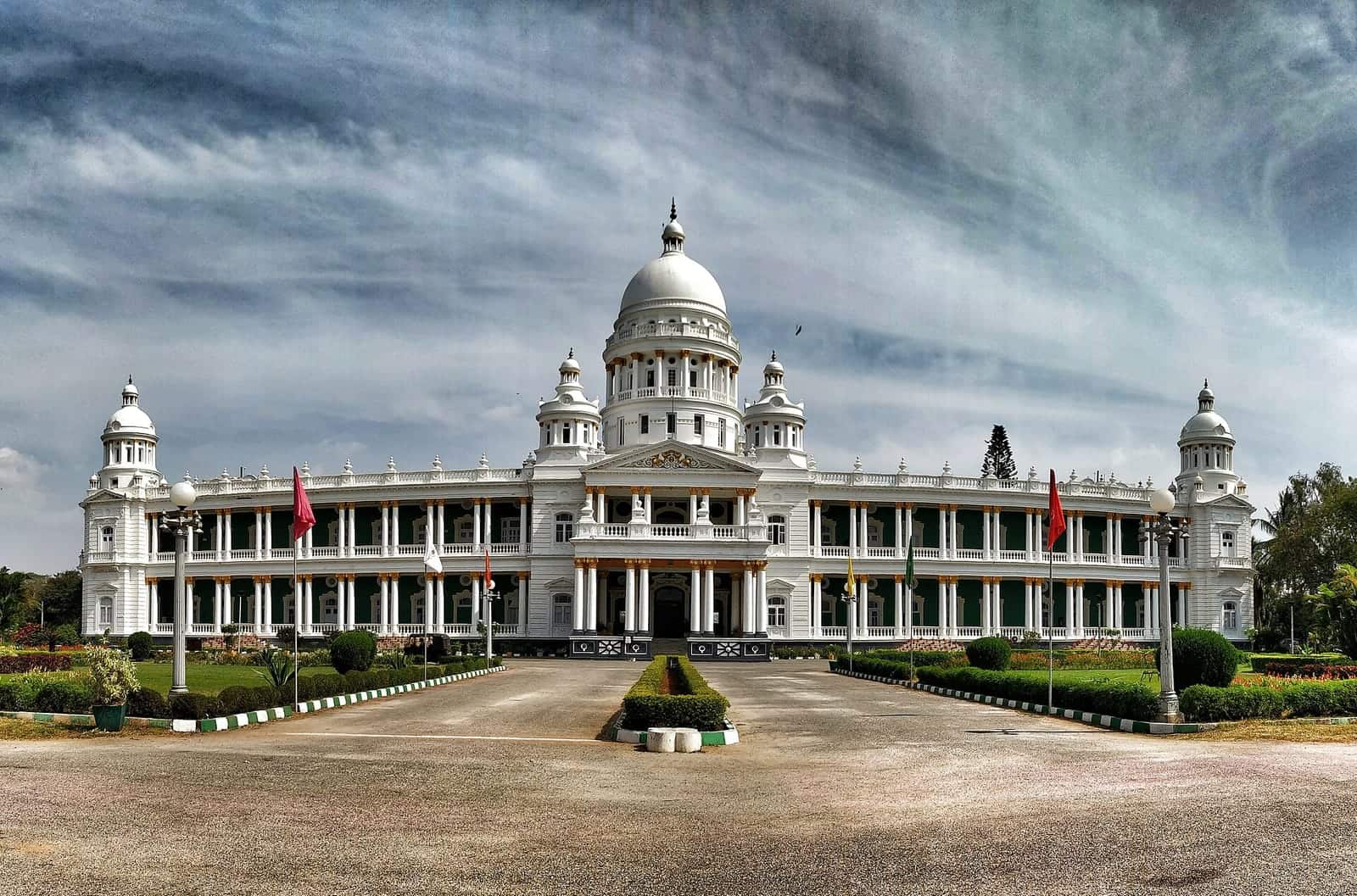 The white domed façade of Lalitha Mahal in Mysuru