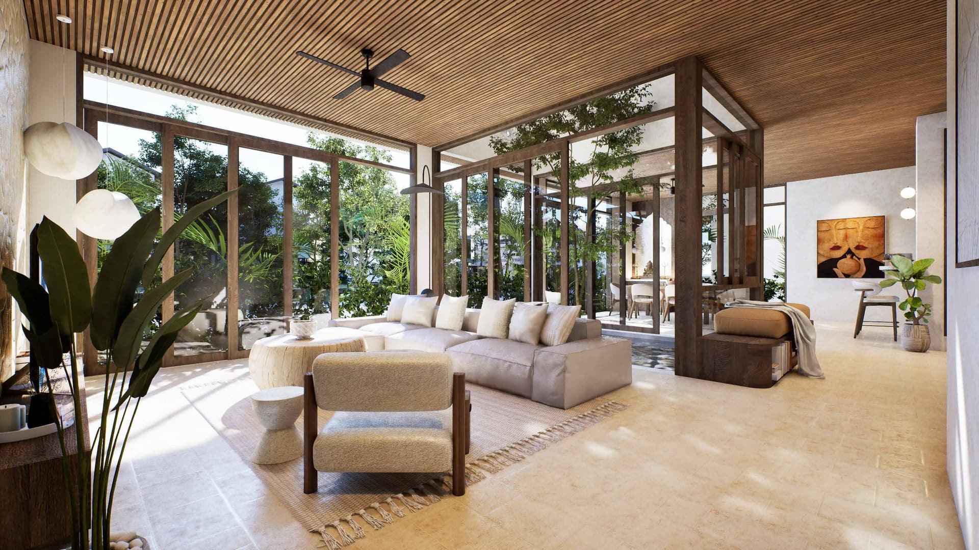 Sun-lit villa lounge with garden courtyards at Ayana Woods