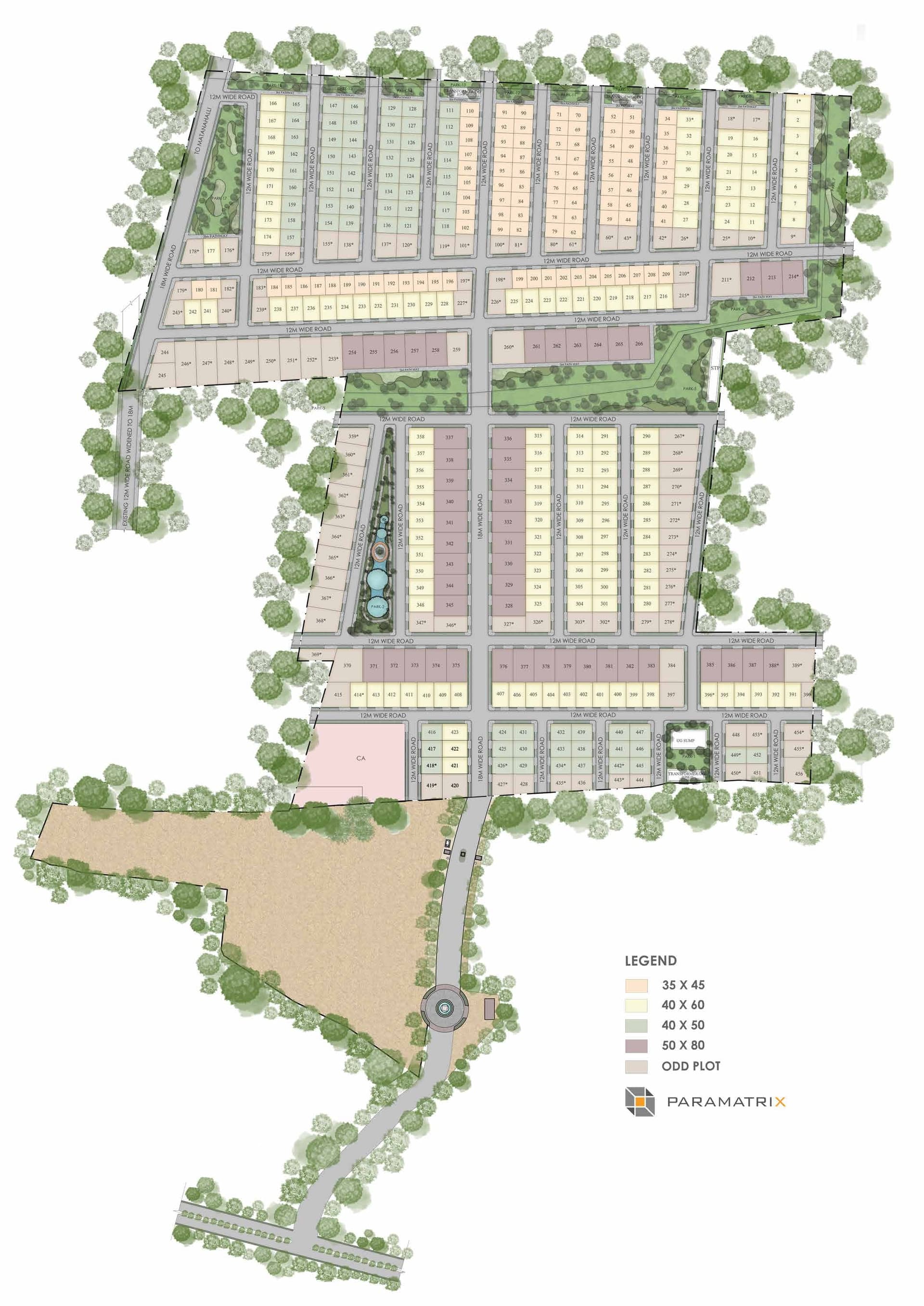 Ayana Woods master plan drawing — residential clusters, parks, resort club and internal roads