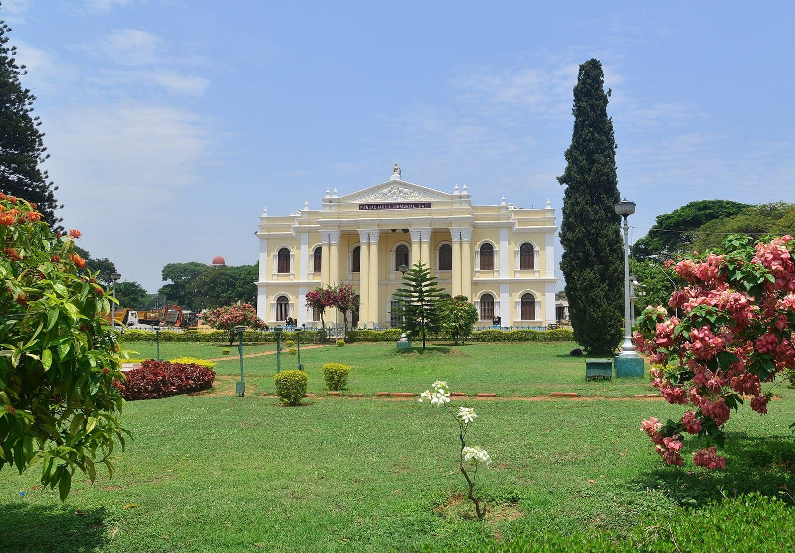 Rangacharlu Memorial Hall seen across its gardens in Mysuru