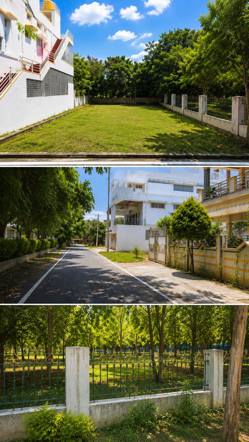 A tree-lined road through a residential layout in Mysuru